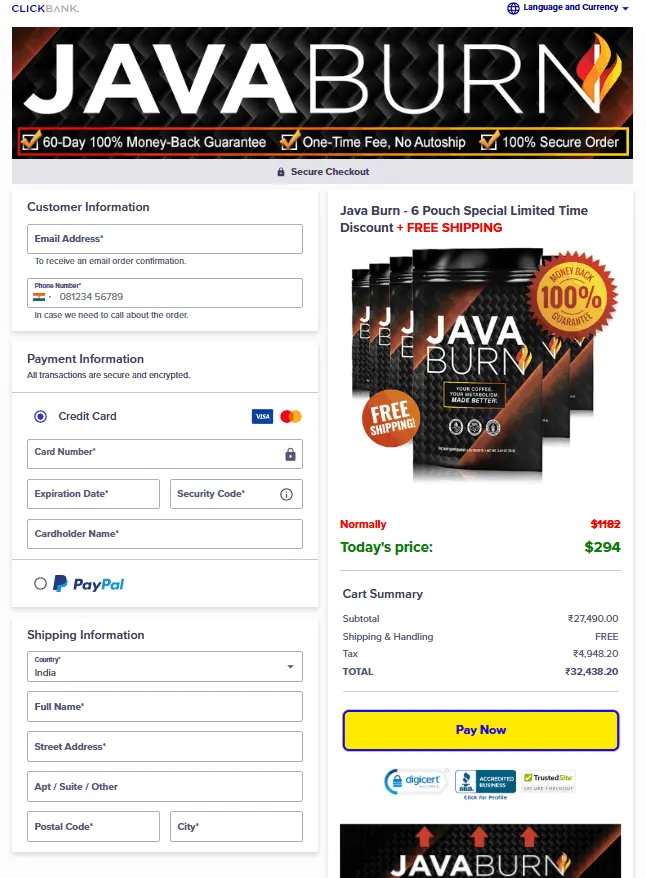 Java burn Order Form